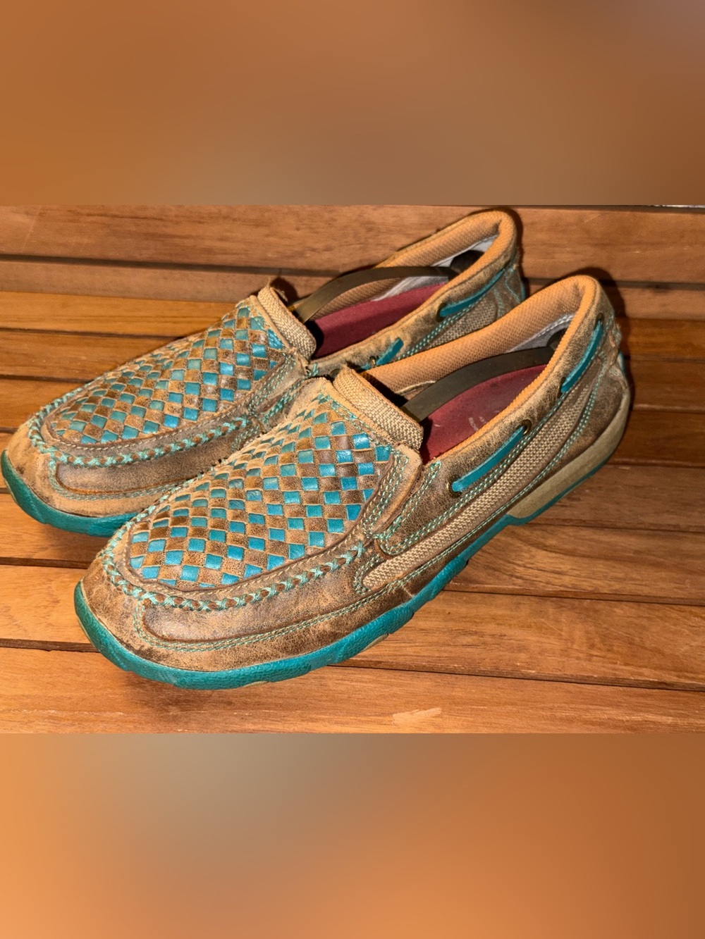 Twisted X Women's Bomber Brown & Turquoise Check Driving Mocs